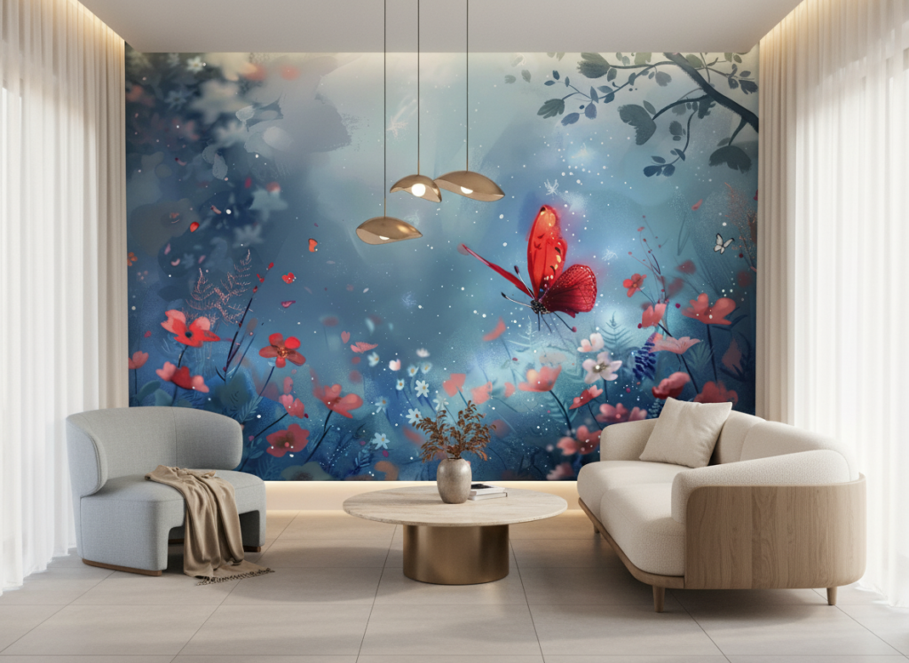 Papier peint féerique à papillon rouge et fleurs bleues romantiques - Salon / Séjour