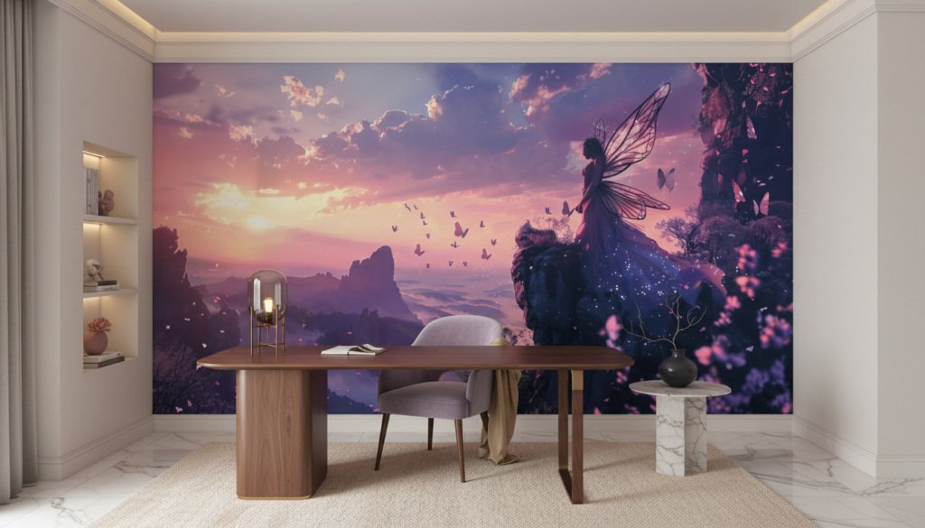 Papier Peint Féerique Coucher de Soleil Fée aux Papillons Roses - Bureau