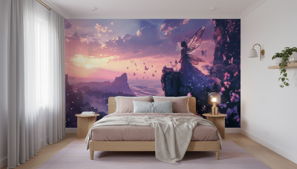 Papier Peint Féerique Coucher de Soleil Fée aux Papillons Roses - Chambre ado