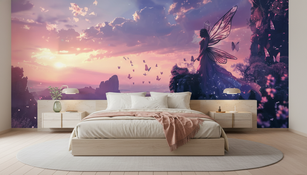 Papier Peint Féerique Coucher de Soleil Fée aux Papillons Roses - Chambre adulte