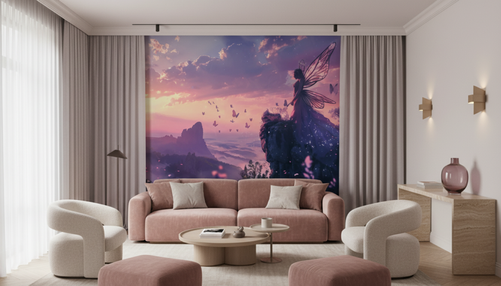 Papier Peint Féerique Coucher de Soleil Fée aux Papillons Roses - Salon / Séjour