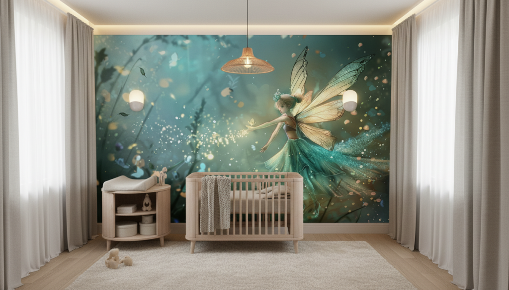 Papier Peint Féerique Forêt Enchantée Créature Ailée Étincelante - Chambre bébé