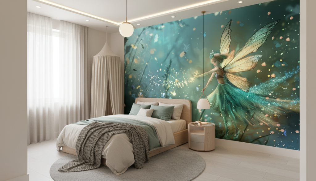 Papier Peint Féerique Forêt Enchantée Créature Ailée Étincelante - Chambre enfant