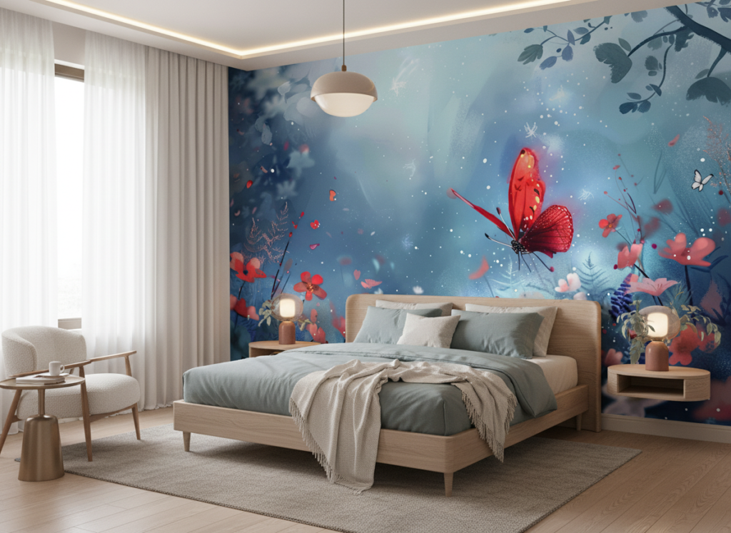 Papier peint féerique papillon rouge fleurs sauvages fond bleu - Chambre adulte