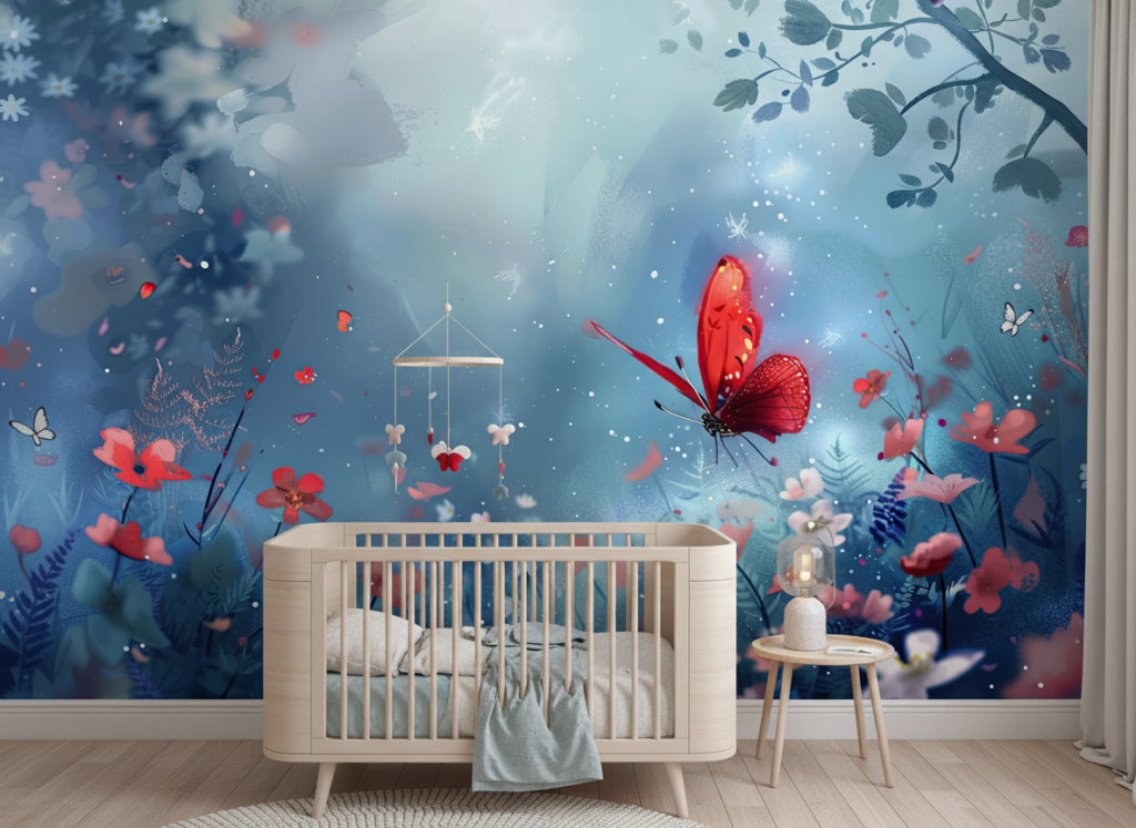Papier peint féerique papillon rouge fleurs sauvages fond bleu - Chambre enfant
