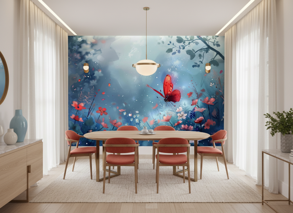 Papier peint féerique papillon rouge fleurs sauvages fond bleu - Salle à manger