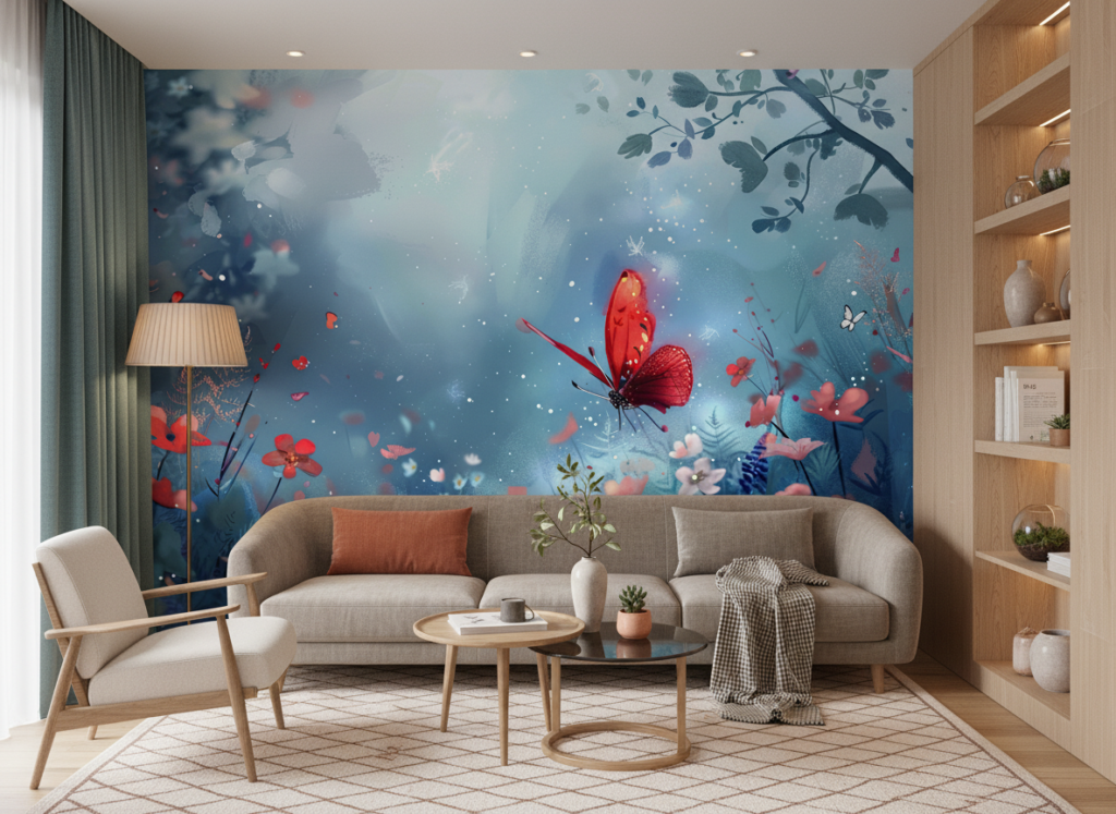 Papier peint féerique papillon rouge fleurs sauvages fond bleu - Salon / Séjour