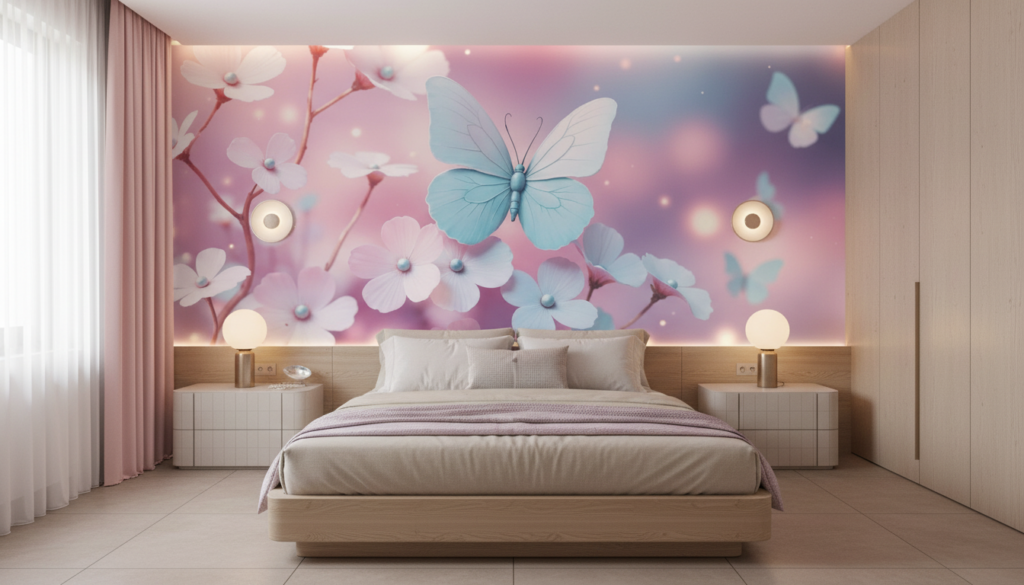 Papier Peint Féerique Papillons et Fleurs Pastel Lumineux - Chambre adulte