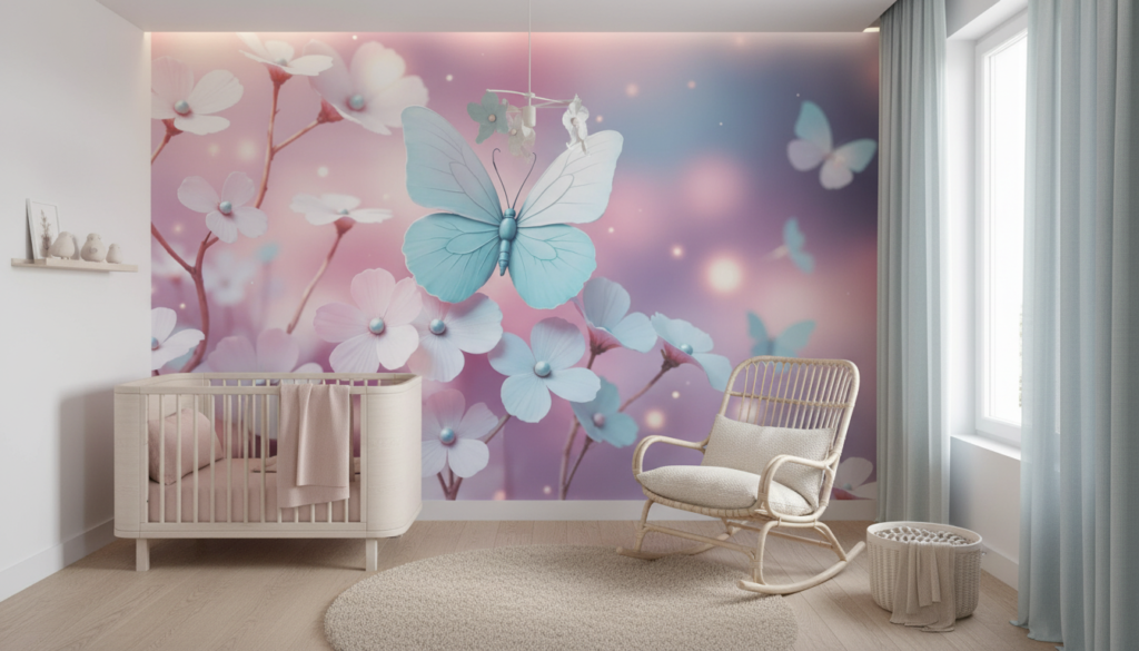 Papier Peint Féerique Papillons et Fleurs Pastel Lumineux - Chambre bébé