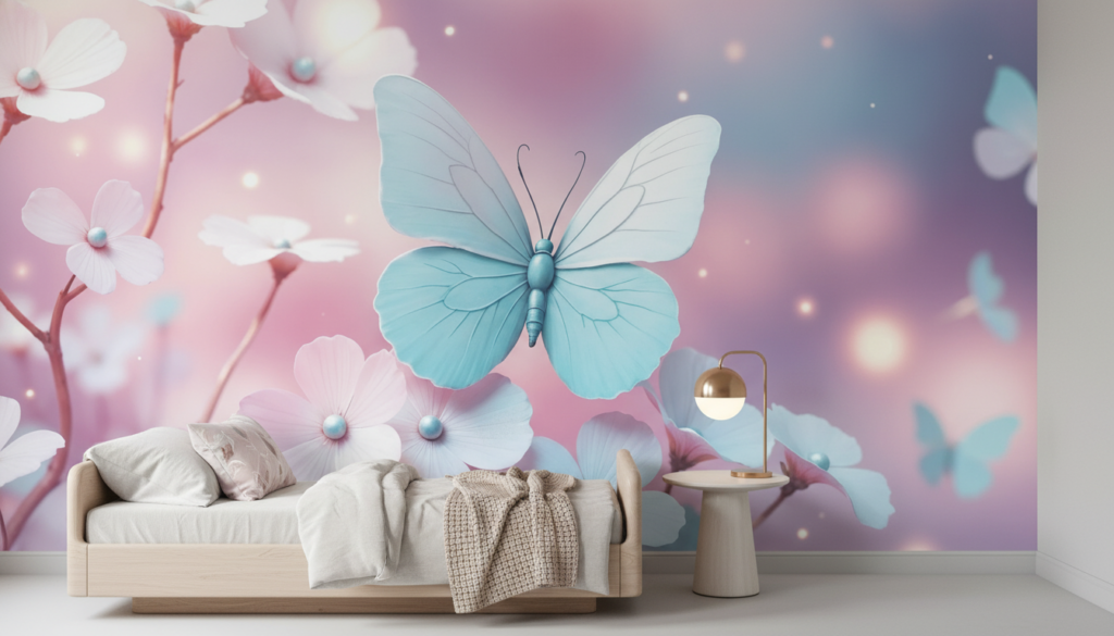 Papier Peint Féerique Papillons et Fleurs Pastel Lumineux - Chambre enfant