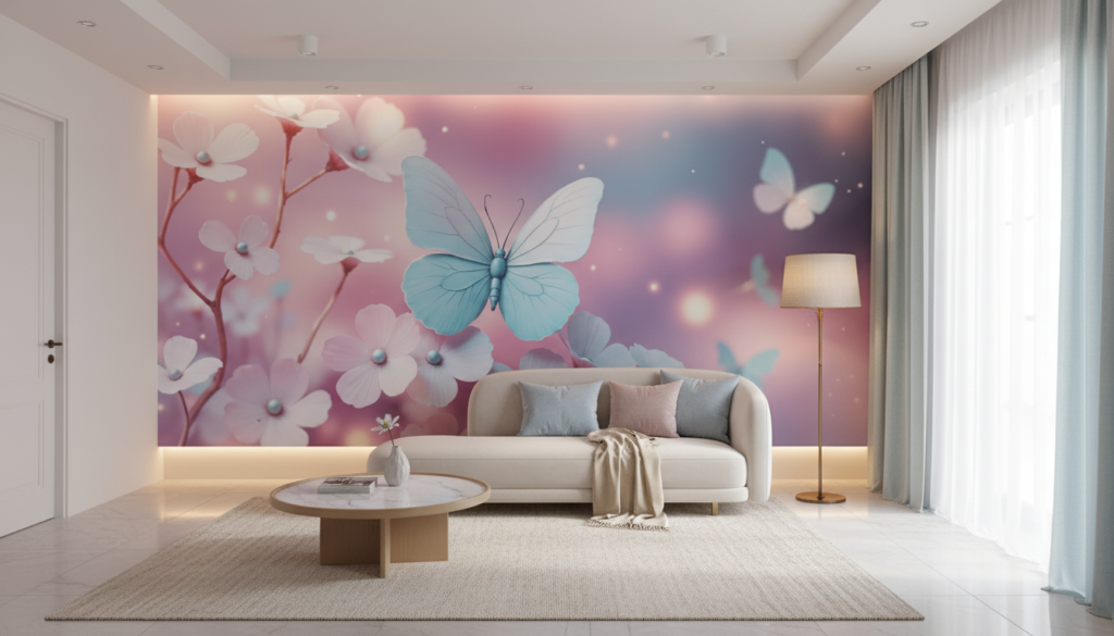 Papier Peint Féerique Papillons et Fleurs Pastel Lumineux - Salon / Séjour