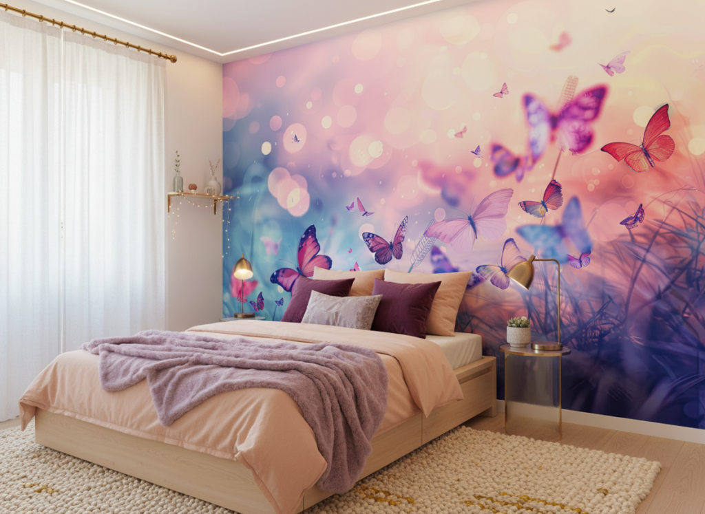 Papier Peint Féerique Papillons Multicolores sur Fond Pastel Dégradé - Chambre ado