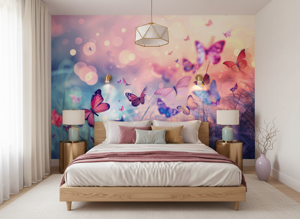 Papier Peint Féerique Papillons Multicolores sur Fond Pastel Dégradé - Chambre adulte