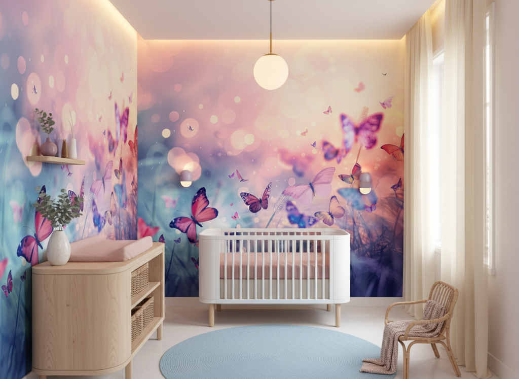 Papier Peint Féerique Papillons Multicolores sur Fond Pastel Dégradé - Chambre bébé