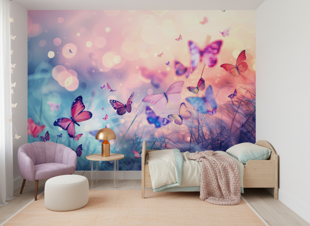 Papier Peint Féerique Papillons Multicolores sur Fond Pastel Dégradé - Chambre enfant