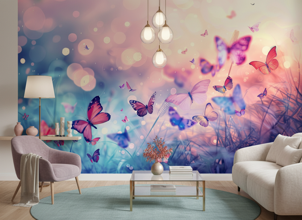 Papier Peint Féerique Papillons Multicolores sur Fond Pastel Dégradé - Salon / Séjour