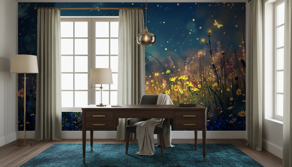 Papier Peint Féerique Prairie Nocturne aux Lucioles Dorées - Bureau