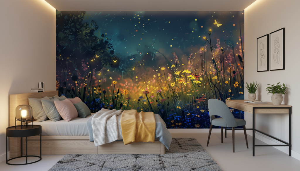 Papier Peint Féerique Prairie Nocturne aux Lucioles Dorées - Chambre ado