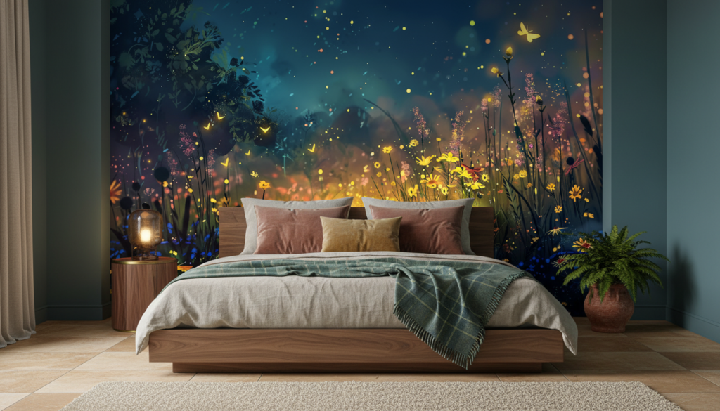 Papier Peint Féerique Prairie Nocturne aux Lucioles Dorées - Chambre adulte