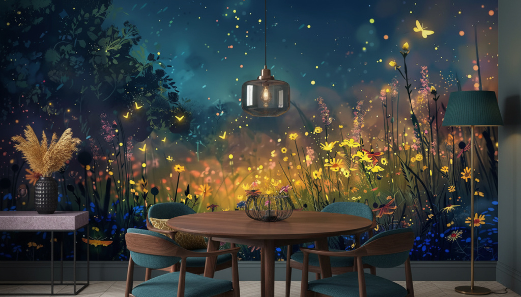 Papier Peint Féerique Prairie Nocturne aux Lucioles Dorées - Salle à manger