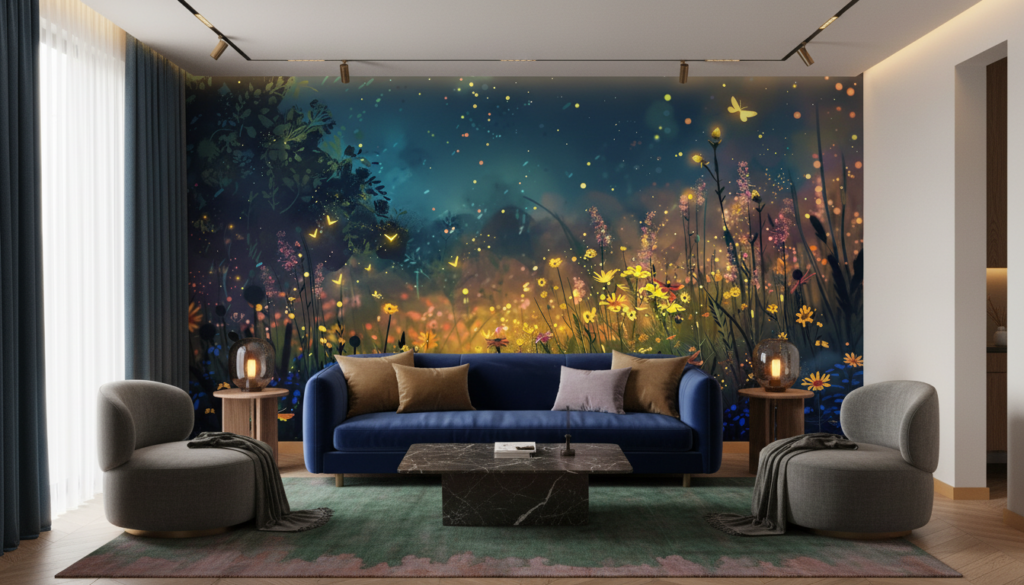 Papier Peint Féerique Prairie Nocturne aux Lucioles Dorées - Salon / Séjour
