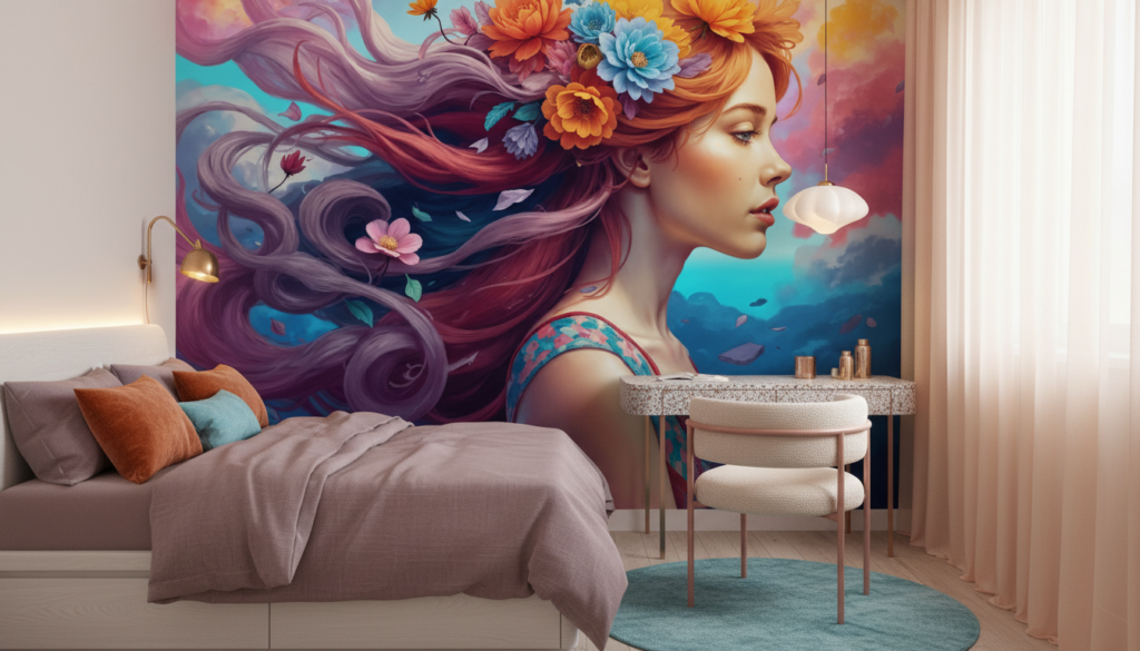 Papier Peint Femme aux Fleurs Colorées Style Artistique Fantastique - Chambre ado