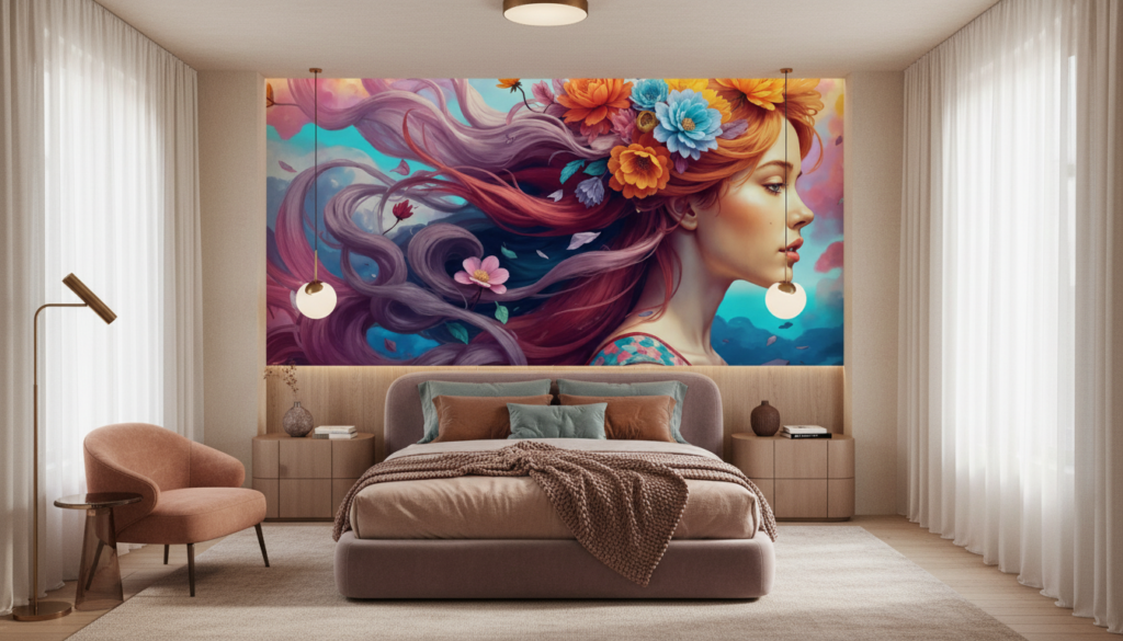 Papier Peint Femme aux Fleurs Colorées Style Artistique Fantastique - Chambre adulte