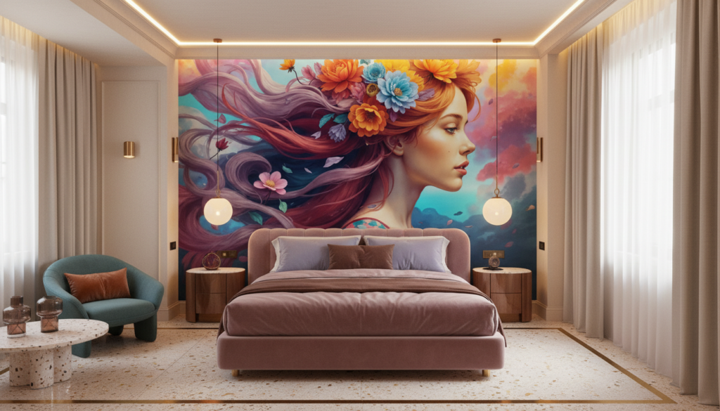 Papier Peint Femme aux Fleurs Colorées Style Artistique Fantastique - Hôtel