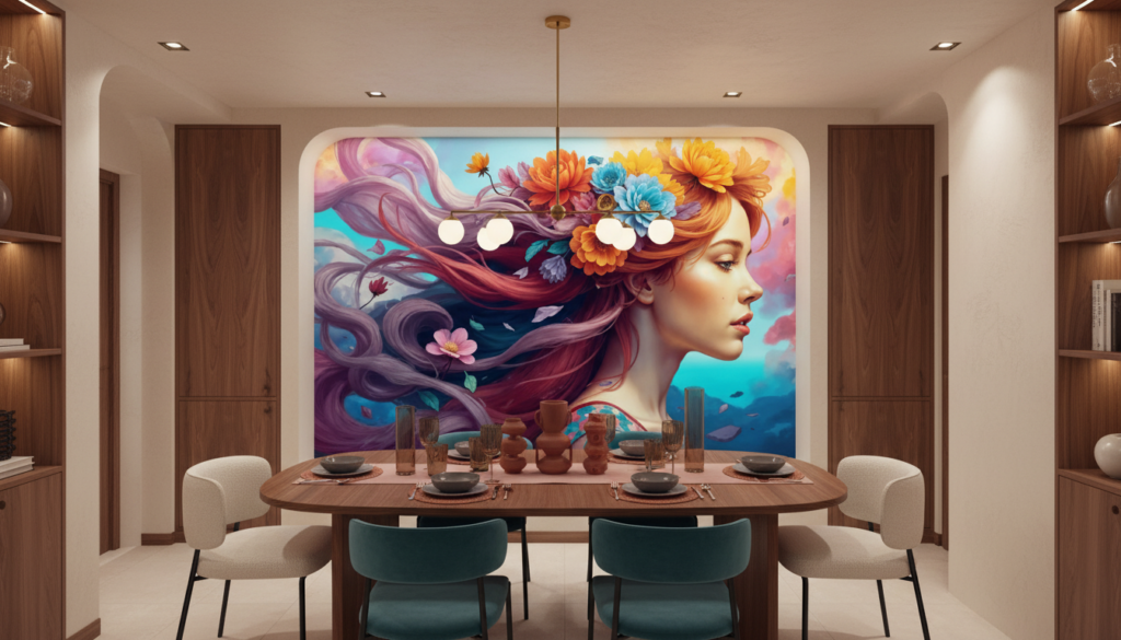 Papier Peint Femme aux Fleurs Colorées Style Artistique Fantastique - Salle à manger