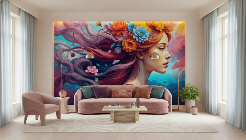 Papier Peint Femme aux Fleurs Colorées Style Artistique Fantastique - Salon / Séjour