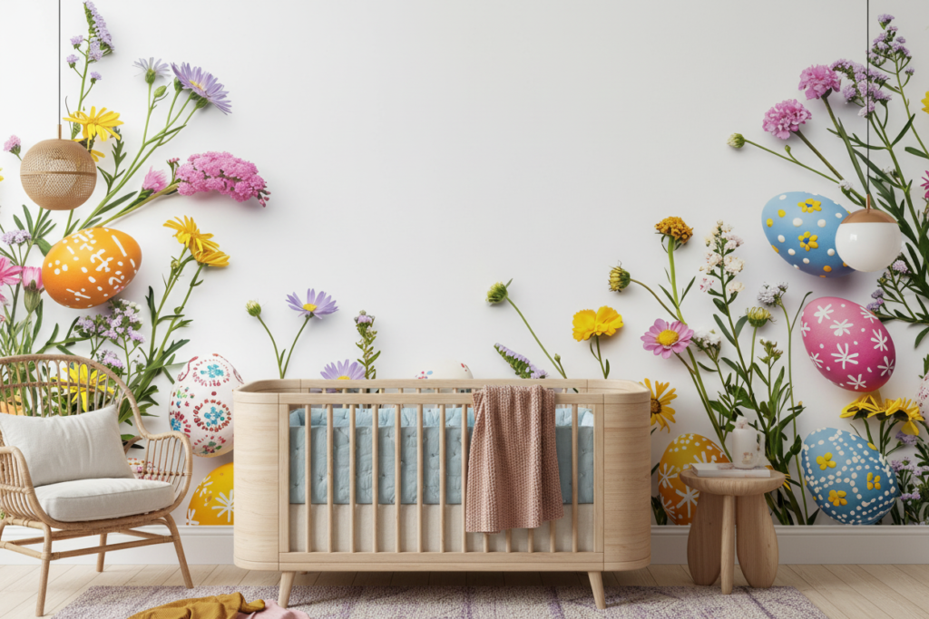 Papier peint festif œufs de Pâques et fleurs sauvages printanières colorées - Chambre bébé