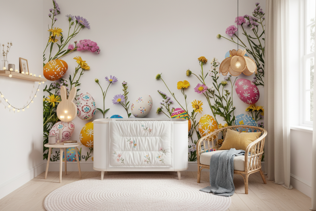 Papier peint festif œufs de Pâques et fleurs sauvages printanières colorées - Chambre enfant