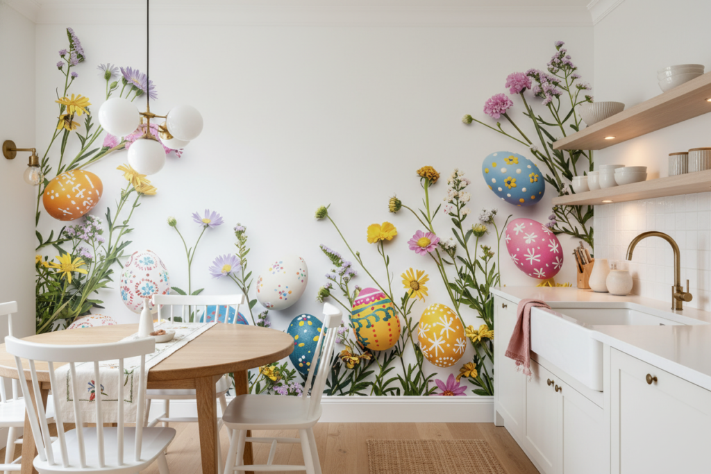 Papier peint festif œufs de Pâques et fleurs sauvages printanières colorées - Cuisine