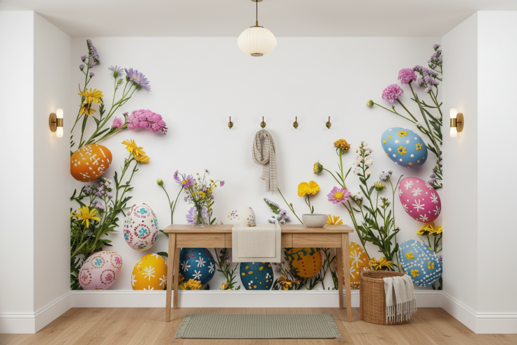 Papier peint festif œufs de Pâques et fleurs sauvages printanières colorées - Entrée