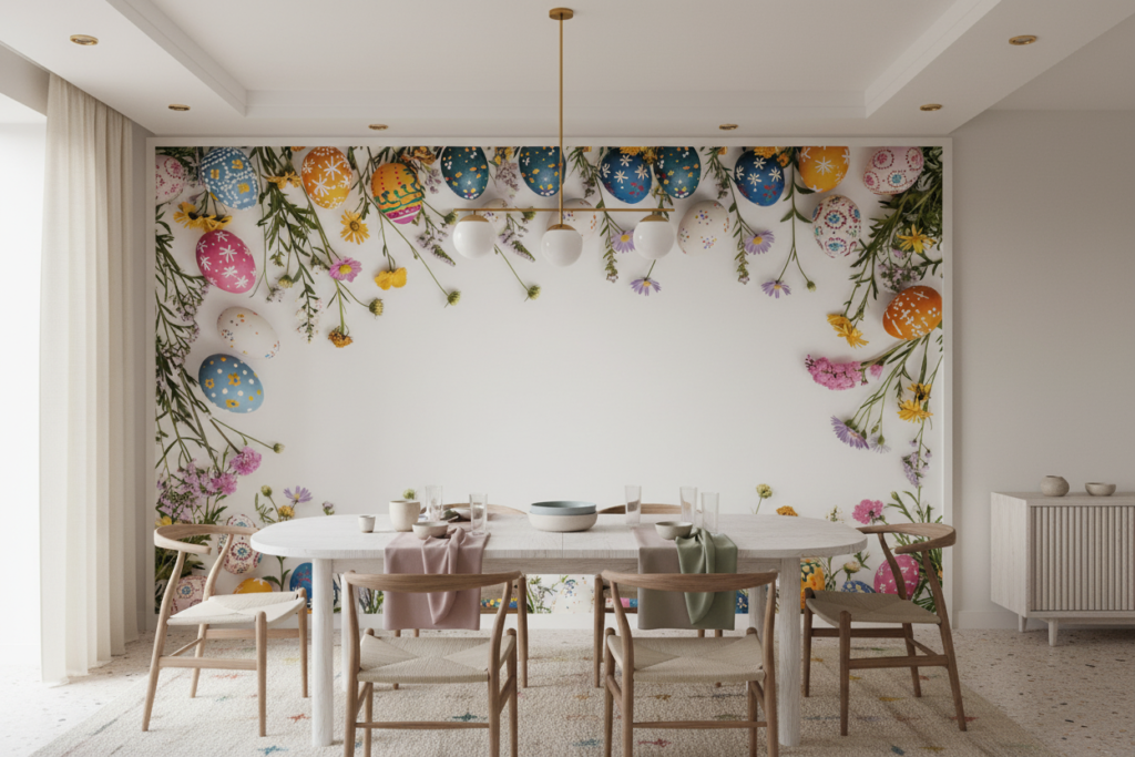 Papier peint festif œufs de Pâques et fleurs sauvages printanières colorées - Salle à manger
