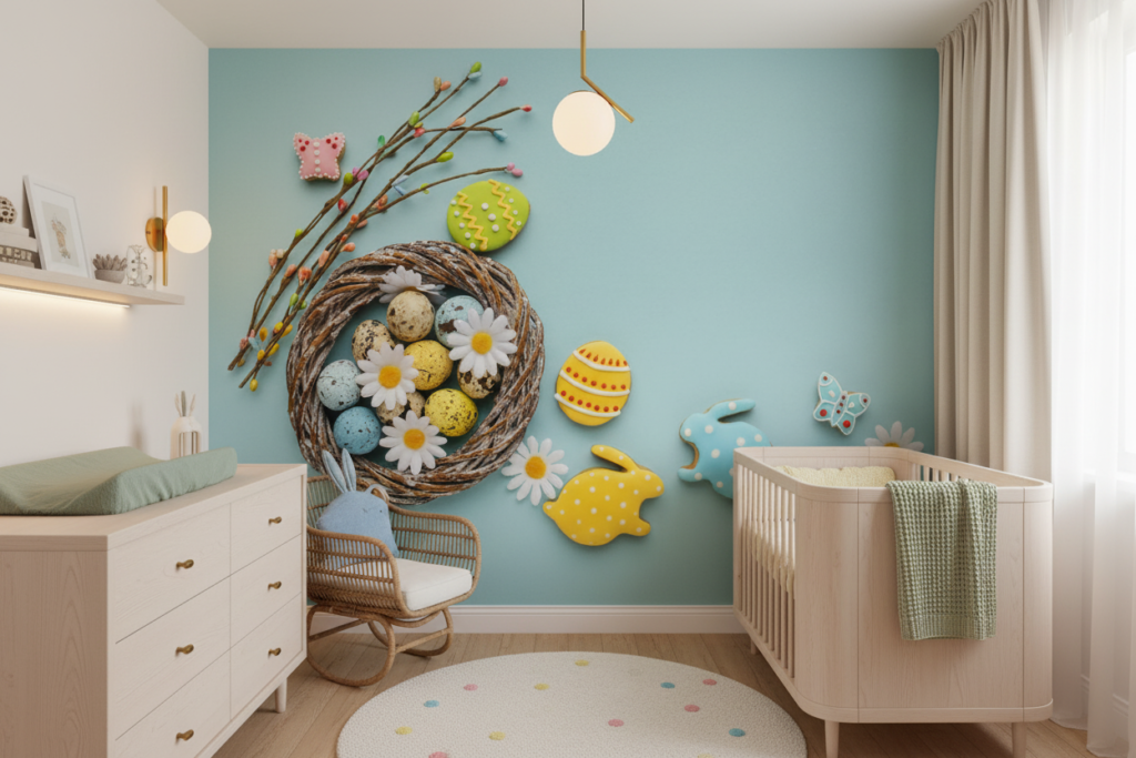 Papier peint festif Pâques avec œufs colorés et décorations printanières - Chambre bébé