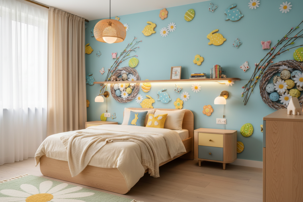 Papier peint festif Pâques avec œufs colorés et décorations printanières - Chambre enfant