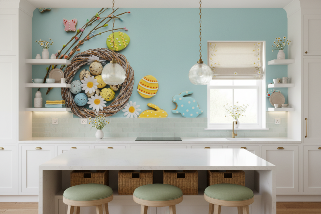 Papier peint festif Pâques avec œufs colorés et décorations printanières - Cuisine