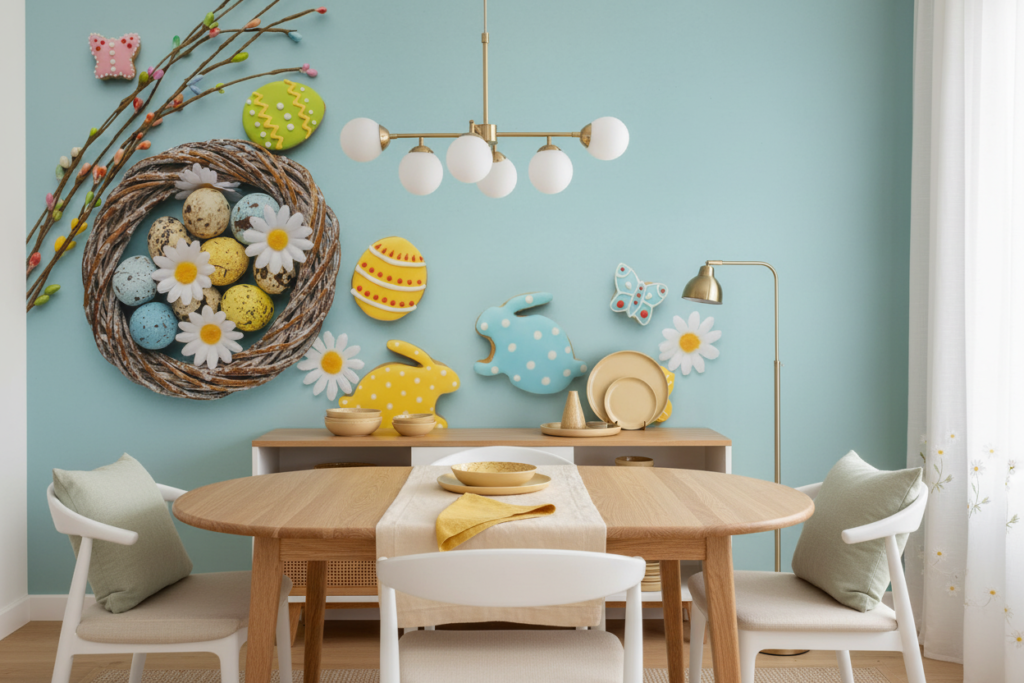 Papier peint festif Pâques avec œufs colorés et décorations printanières - Salle à manger