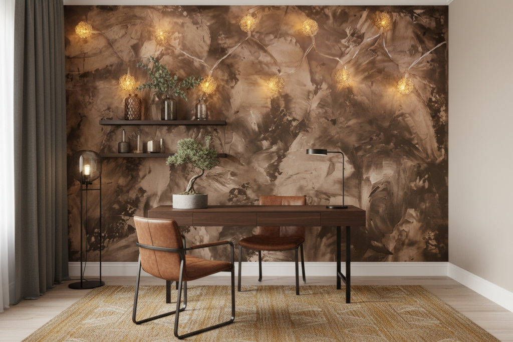 Papier peint feuillage automnal doré avec guirlande lumineuse décorative - Bureau