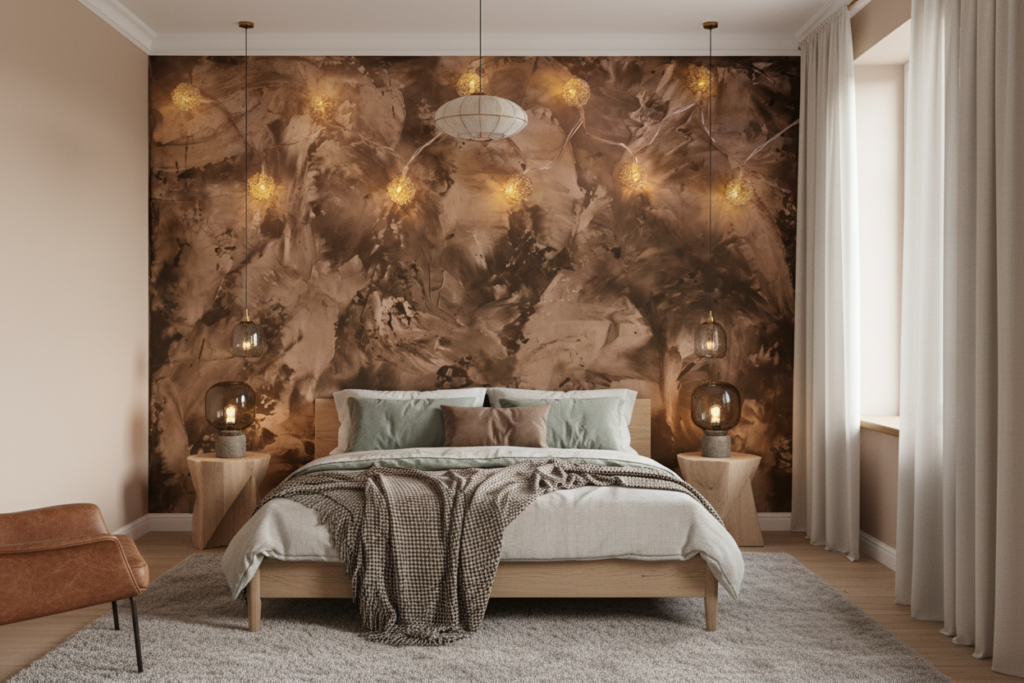 Papier peint feuillage automnal doré avec guirlande lumineuse décorative - Chambre adulte