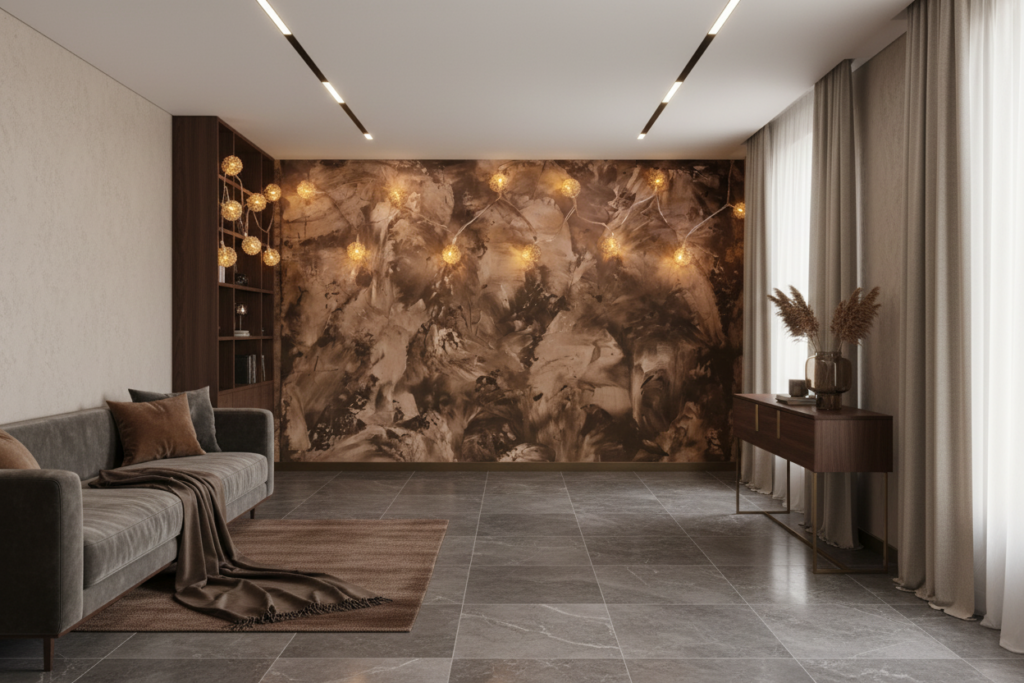 Papier peint feuillage automnal doré avec guirlande lumineuse décorative - Hôtel