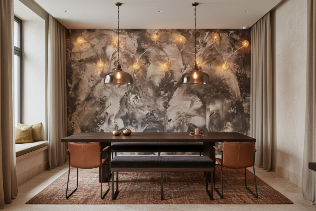 Papier peint feuillage automnal doré avec guirlande lumineuse décorative - Restaurant