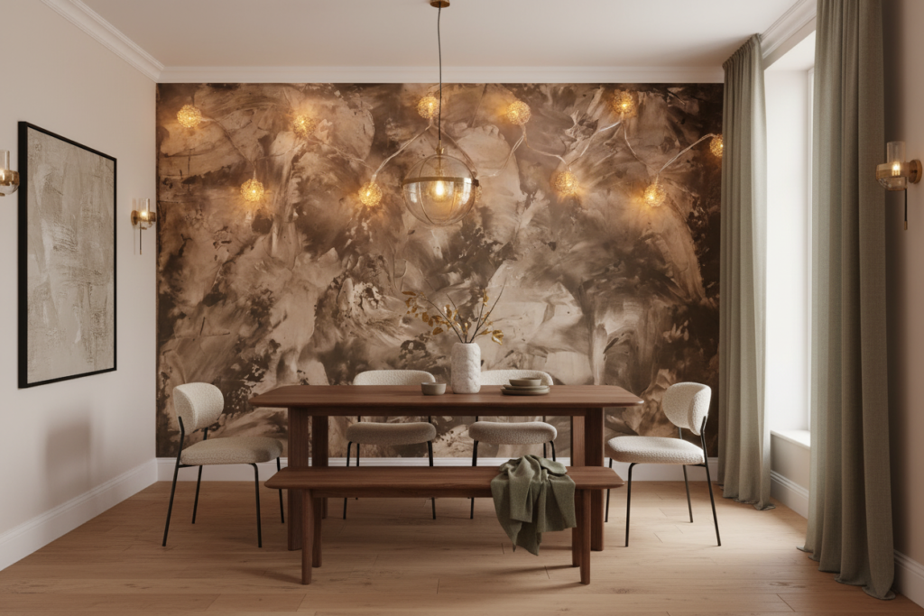 Papier peint feuillage automnal doré avec guirlande lumineuse décorative - Salle à manger