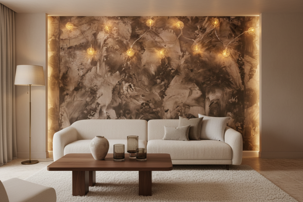 Papier peint feuillage automnal doré avec guirlande lumineuse décorative - Salon / Séjour