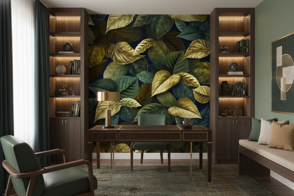 Papier peint feuillage doré et vert sur fond bleu marine - Bureau