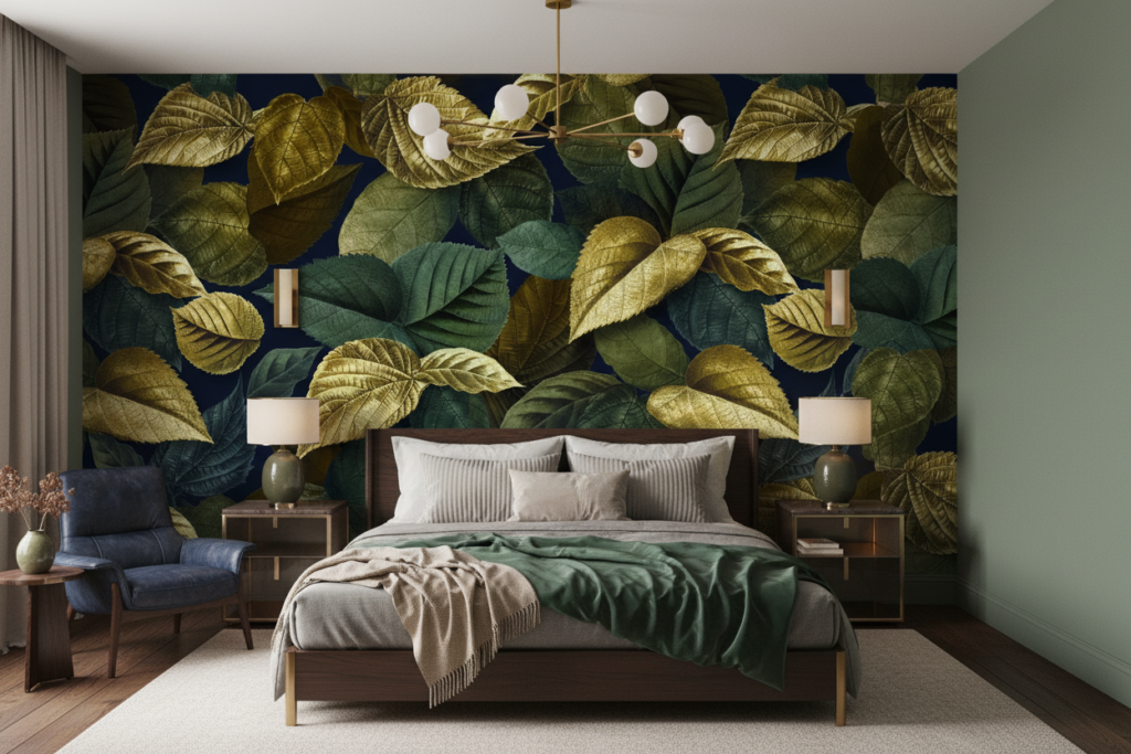 Papier peint feuillage doré et vert sur fond bleu marine - Chambre adulte