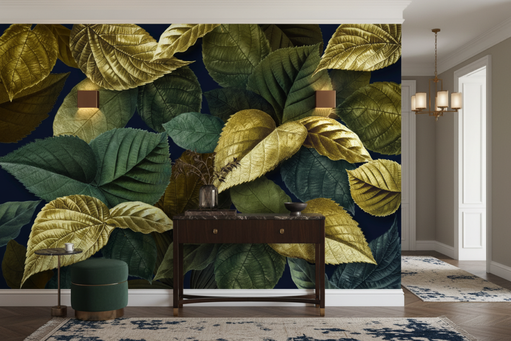 Papier peint feuillage doré et vert sur fond bleu marine - Entrée