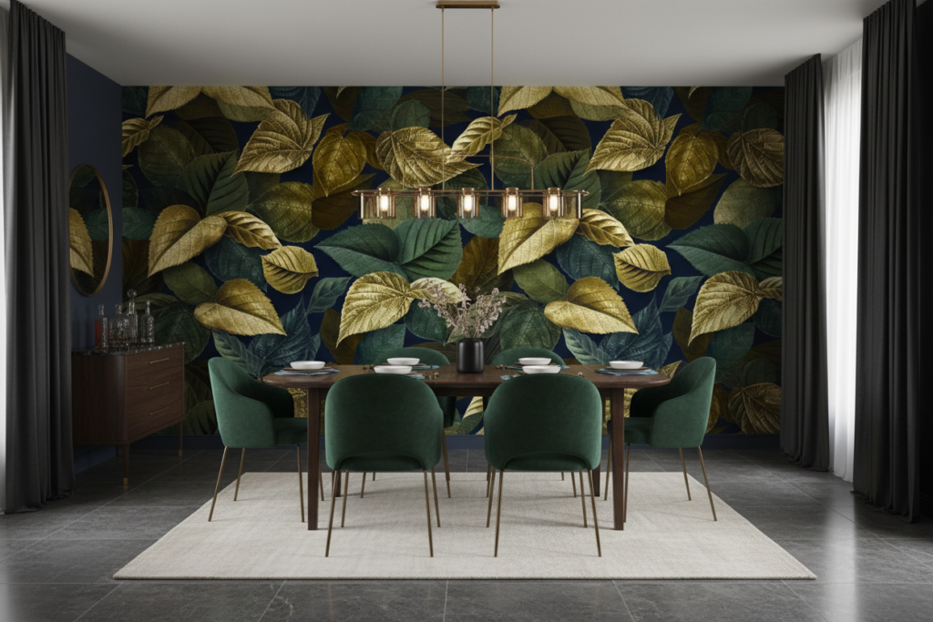 Papier peint feuillage doré et vert sur fond bleu marine - Salle à manger
