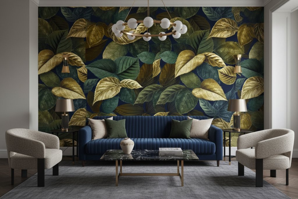 Papier peint feuillage doré et vert sur fond bleu marine - Salon / Séjour